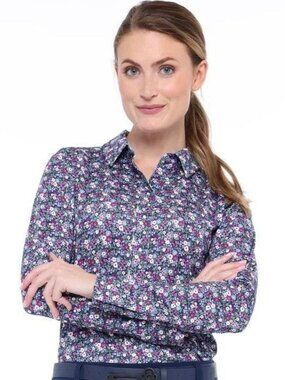 Belyn Key Women's Long Sleeve ‘Golf’ Shirt - Navy/Purple Multicolor Floral M